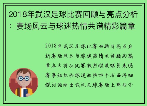 2018年武汉足球比赛回顾与亮点分析：赛场风云与球迷热情共谱精彩篇章