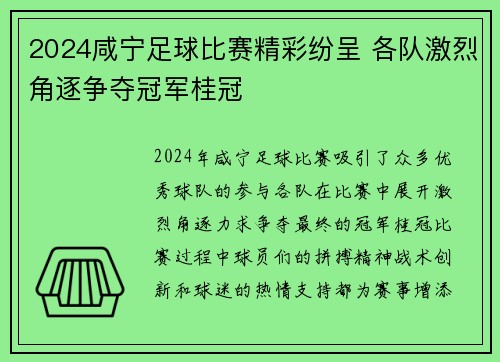 2024咸宁足球比赛精彩纷呈 各队激烈角逐争夺冠军桂冠