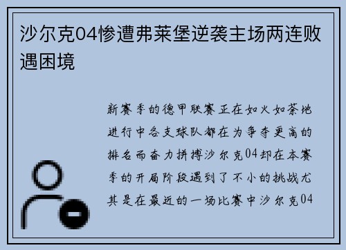 沙尔克04惨遭弗莱堡逆袭主场两连败遇困境