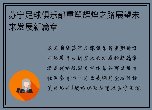 苏宁足球俱乐部重塑辉煌之路展望未来发展新篇章