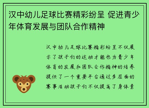 汉中幼儿足球比赛精彩纷呈 促进青少年体育发展与团队合作精神
