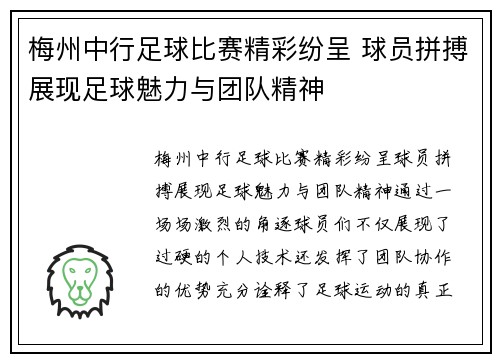 梅州中行足球比赛精彩纷呈 球员拼搏展现足球魅力与团队精神