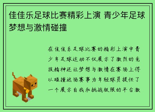 佳佳乐足球比赛精彩上演 青少年足球梦想与激情碰撞