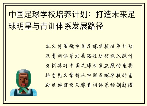中国足球学校培养计划：打造未来足球明星与青训体系发展路径