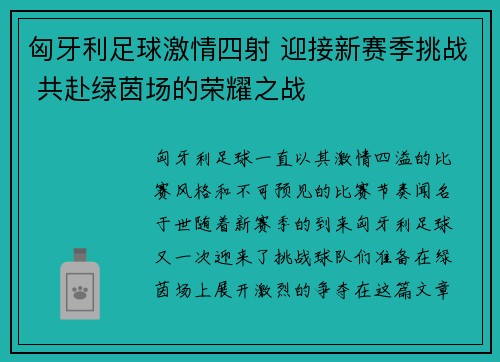 匈牙利足球激情四射 迎接新赛季挑战 共赴绿茵场的荣耀之战