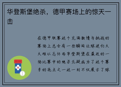 华登斯堡绝杀，德甲赛场上的惊天一击