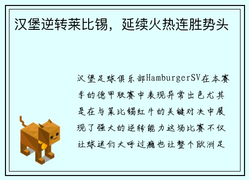 汉堡逆转莱比锡，延续火热连胜势头