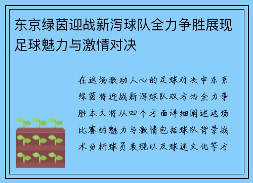 东京绿茵迎战新泻球队全力争胜展现足球魅力与激情对决