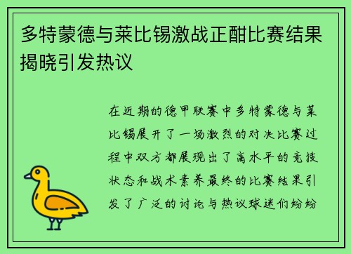 多特蒙德与莱比锡激战正酣比赛结果揭晓引发热议