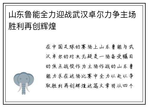 山东鲁能全力迎战武汉卓尔力争主场胜利再创辉煌