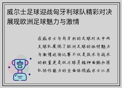 威尔士足球迎战匈牙利球队精彩对决展现欧洲足球魅力与激情