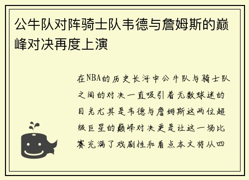 公牛队对阵骑士队韦德与詹姆斯的巅峰对决再度上演