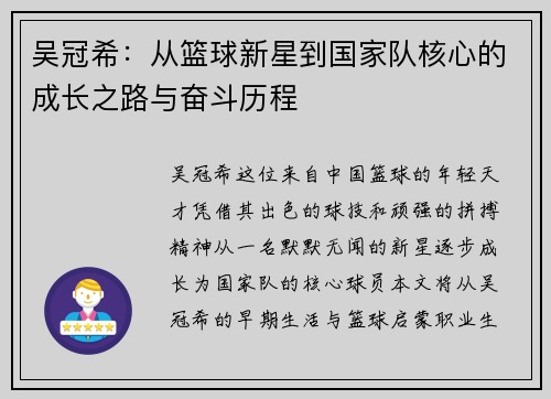 吴冠希:从篮球新星到国家队核心的成长之路与奋斗历程
