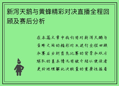 新泻天鹅与黄蜂精彩对决直播全程回顾及赛后分析