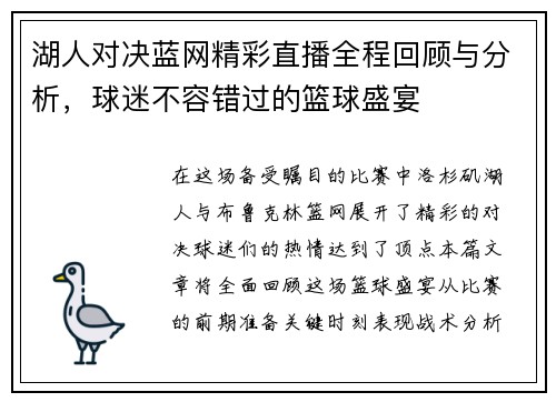 湖人对决蓝网精彩直播全程回顾与分析,球迷不容错过的篮球盛宴