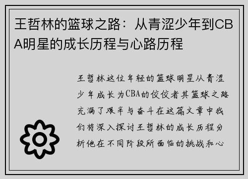 王哲林的篮球之路:从青涩少年到CBA明星的成长历程与心路历程