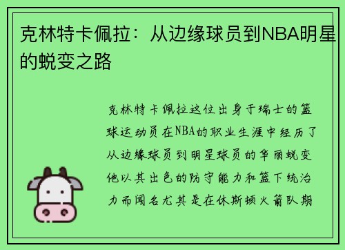 克林特卡佩拉：从边缘球员到NBA明星的蜕变之路