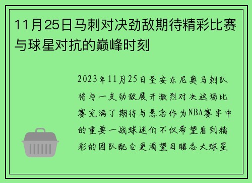 11月25日马刺对决劲敌期待精彩比赛与球星对抗的巅峰时刻
