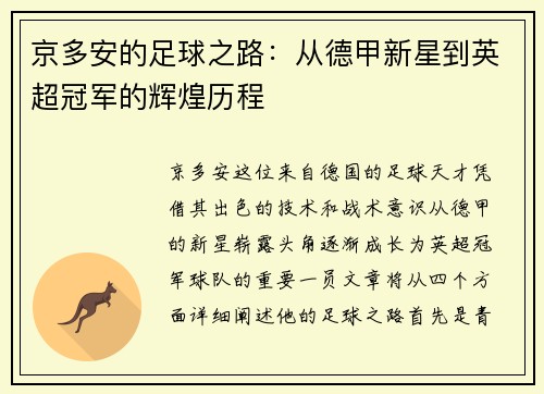 京多安的足球之路:从德甲新星到英超冠军的辉煌历程